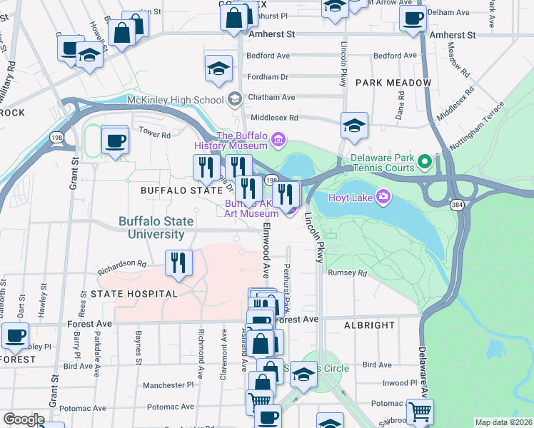 map of restaurants, bars, coffee shops, grocery stores, and more near 1300 Elmwood Avenue in Buffalo