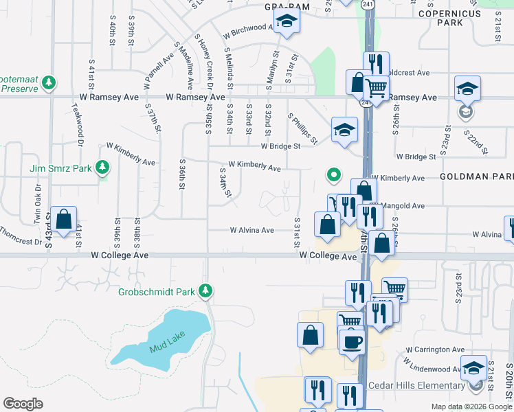 map of restaurants, bars, coffee shops, grocery stores, and more near 3177 West Mangold Avenue in Greenfield
