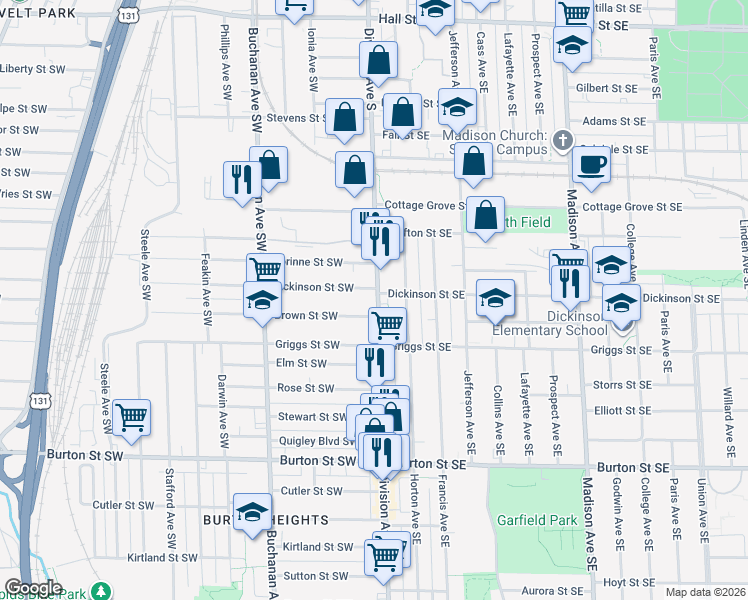 map of restaurants, bars, coffee shops, grocery stores, and more near 11 Dickinson Street Southeast in Grand Rapids