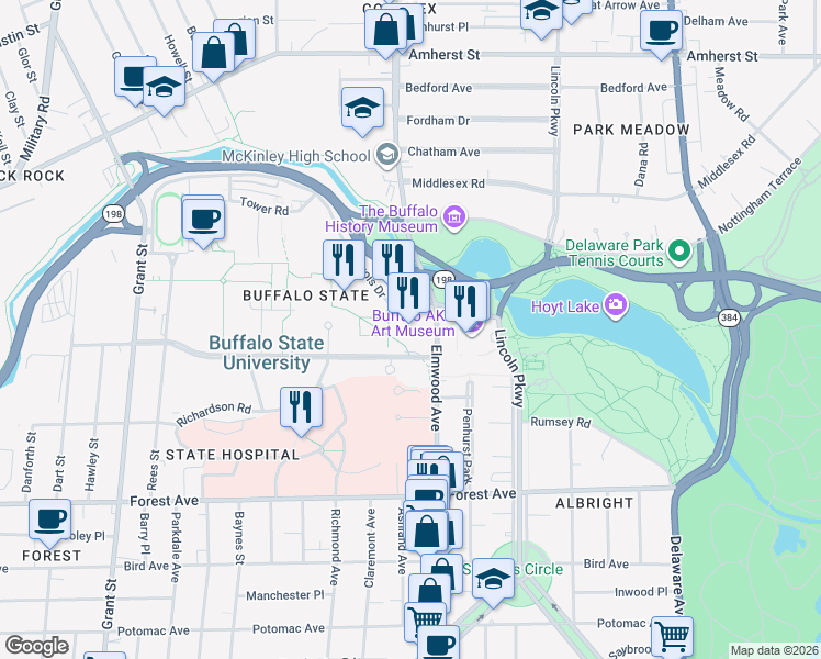 map of restaurants, bars, coffee shops, grocery stores, and more near 1325 Elmwood Avenue in Buffalo