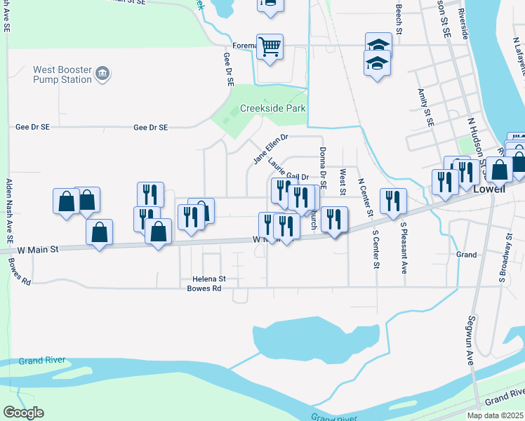 map of restaurants, bars, coffee shops, grocery stores, and more near 168 Valley Vista Drive in Lowell