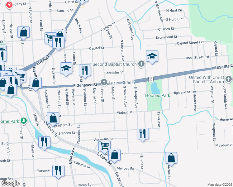 map of restaurants, bars, coffee shops, grocery stores, and more near 6 Maple Street in Auburn