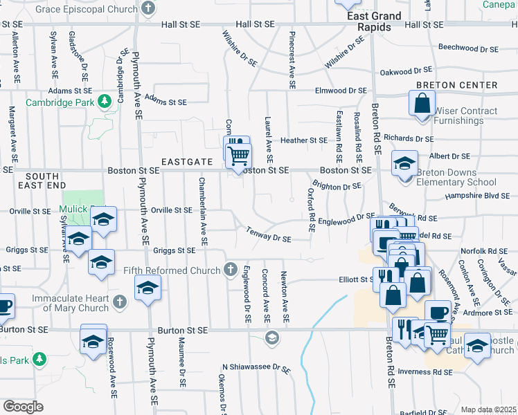 map of restaurants, bars, coffee shops, grocery stores, and more near 2050 Eastgate Street Southeast in Grand Rapids