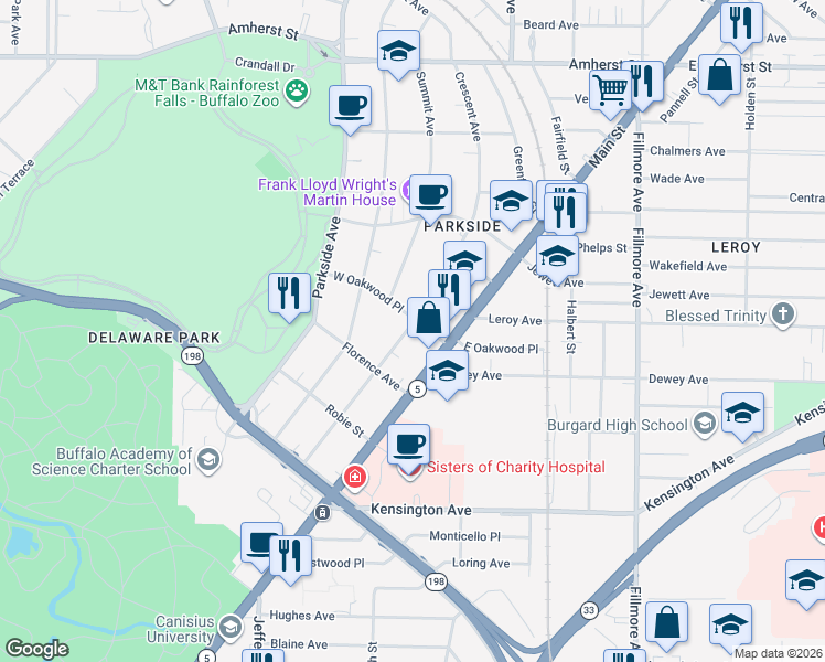 map of restaurants, bars, coffee shops, grocery stores, and more near 34 West Oakwood Place in Buffalo