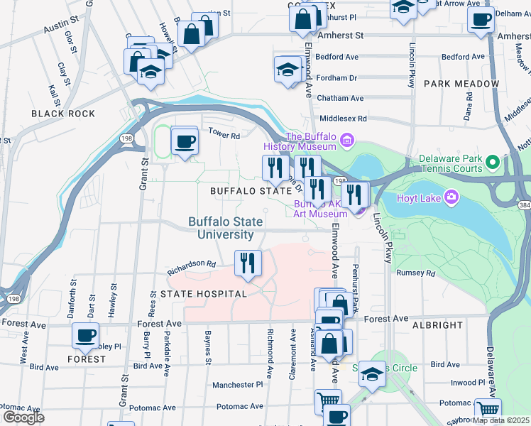 map of restaurants, bars, coffee shops, grocery stores, and more near Cleveland Circle in Buffalo