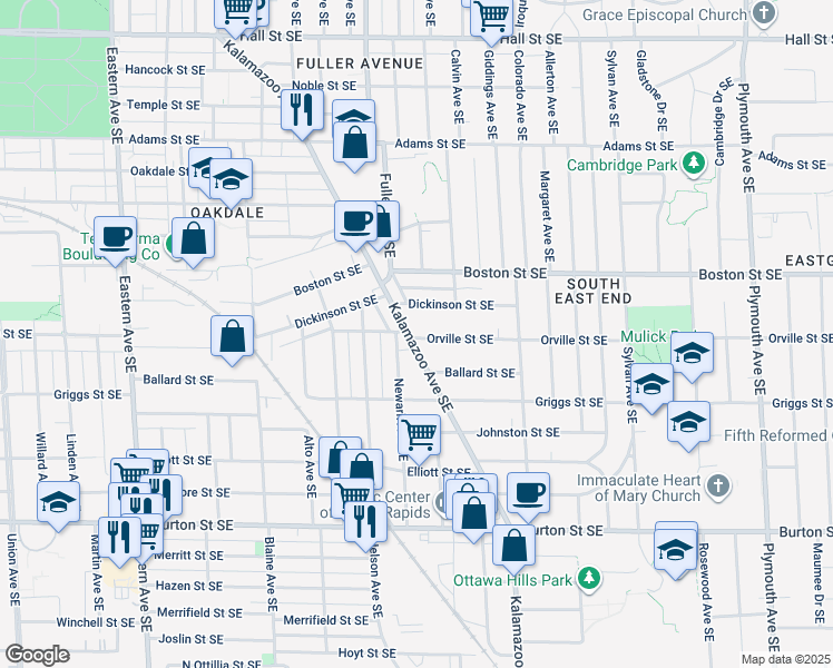 map of restaurants, bars, coffee shops, grocery stores, and more near 1667 Kalamazoo Avenue Southeast in Grand Rapids