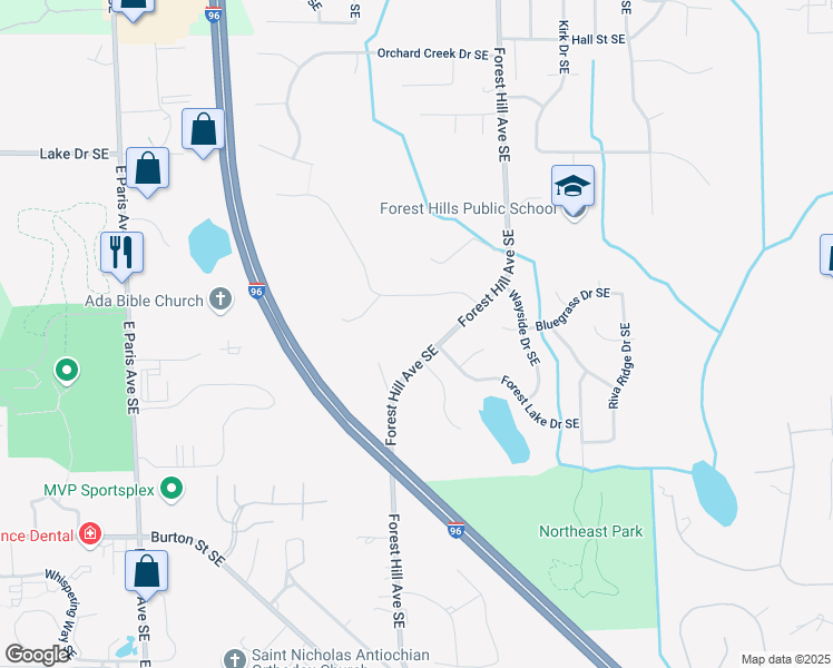 map of restaurants, bars, coffee shops, grocery stores, and more near 1705 Forest Hill Avenue Southeast in Grand Rapids