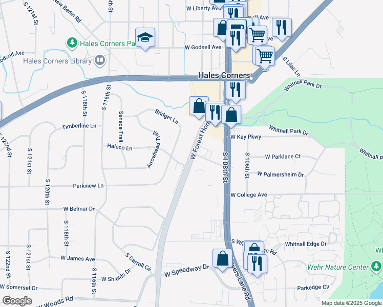 map of restaurants, bars, coffee shops, grocery stores, and more near 11014 West Forest Home Avenue in Hales Corners