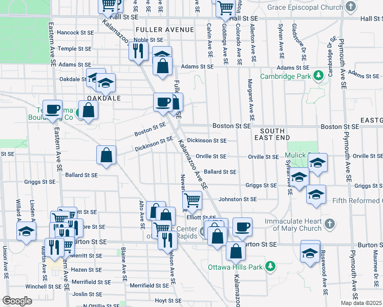 map of restaurants, bars, coffee shops, grocery stores, and more near 1667 Kalamazoo Avenue Southeast in Grand Rapids