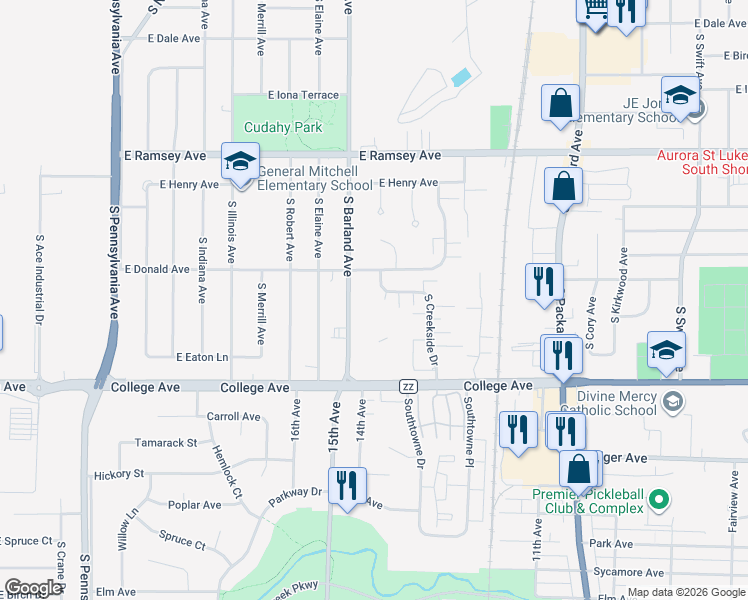 map of restaurants, bars, coffee shops, grocery stores, and more near 6115 South Creekside Drive in Cudahy
