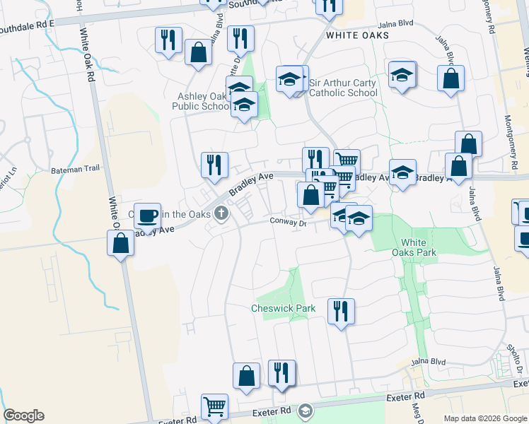 map of restaurants, bars, coffee shops, grocery stores, and more near 136 Conway Drive in London