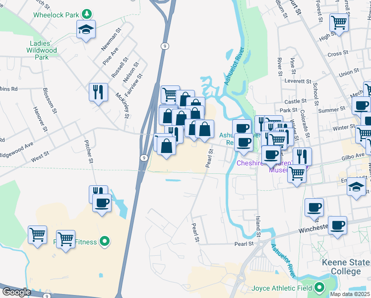 map of restaurants, bars, coffee shops, grocery stores, and more near 15 Avon Street in Keene