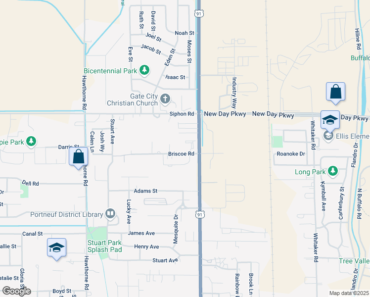 map of restaurants, bars, coffee shops, grocery stores, and more near 128 Briscoe Rd in Pocatello