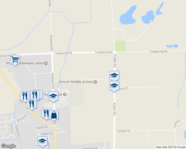 map of restaurants, bars, coffee shops, grocery stores, and more near 7676 Fieldcrest Drive in Almont