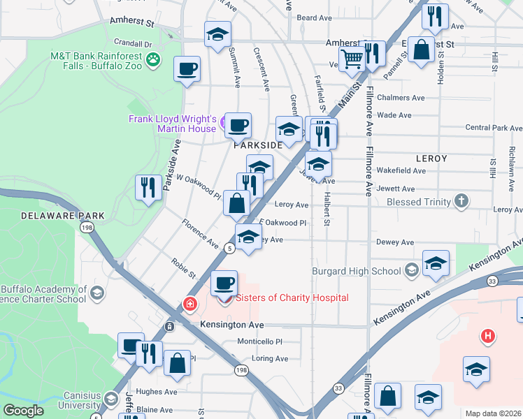 map of restaurants, bars, coffee shops, grocery stores, and more near 3 Leroy Avenue in Buffalo