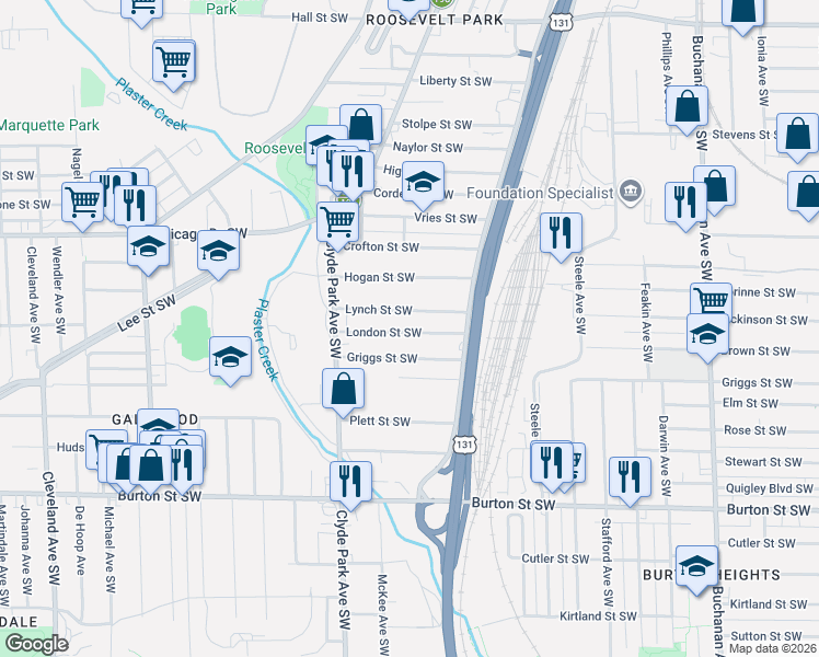 map of restaurants, bars, coffee shops, grocery stores, and more near 648 Lynch Street Southwest in Grand Rapids