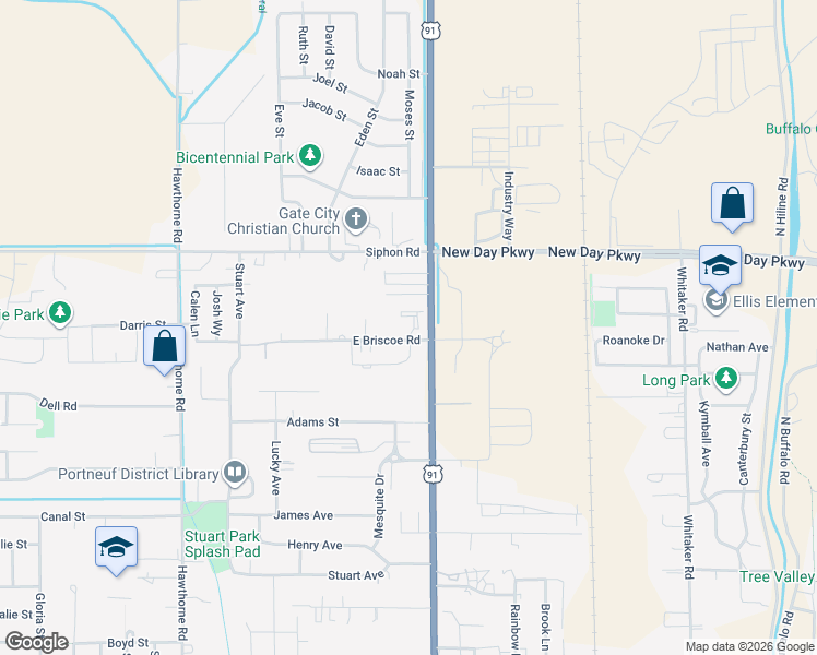 map of restaurants, bars, coffee shops, grocery stores, and more near 128 Briscoe Rd in Pocatello