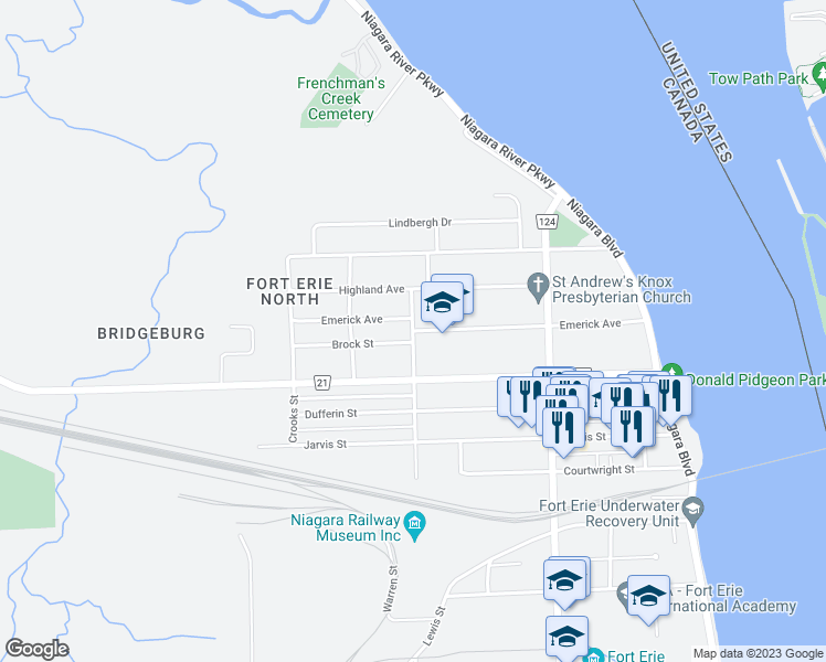 map of restaurants, bars, coffee shops, grocery stores, and more near Emerick Avenue in Fort Erie