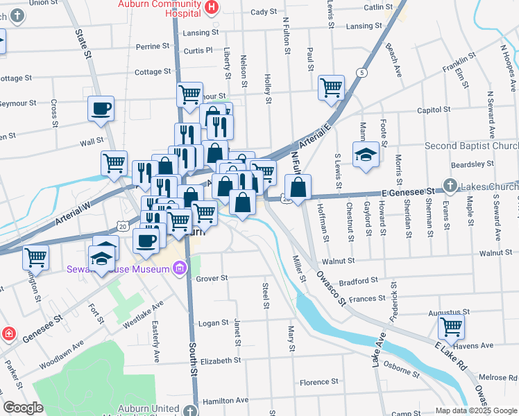 map of restaurants, bars, coffee shops, grocery stores, and more near 30 East Genesee Street in Auburn