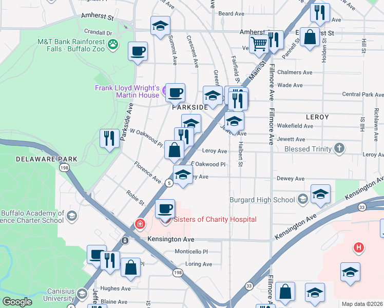 map of restaurants, bars, coffee shops, grocery stores, and more near 3 Leroy Avenue in Buffalo