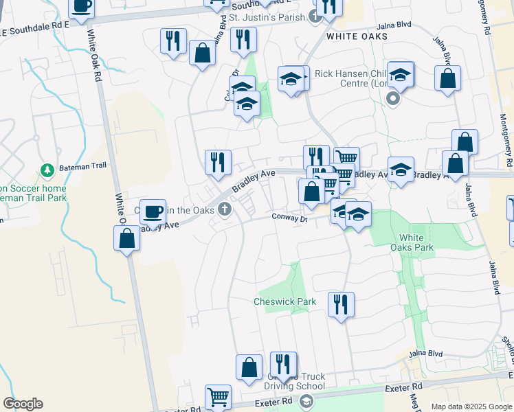 map of restaurants, bars, coffee shops, grocery stores, and more near 140 Conway Drive in London