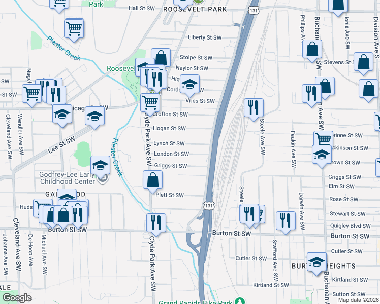 map of restaurants, bars, coffee shops, grocery stores, and more near 648 Lynch Street Southwest in Grand Rapids