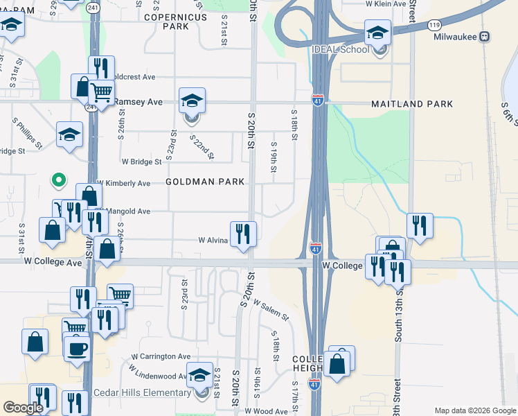 map of restaurants, bars, coffee shops, grocery stores, and more near 6142 South 20th Street in Milwaukee