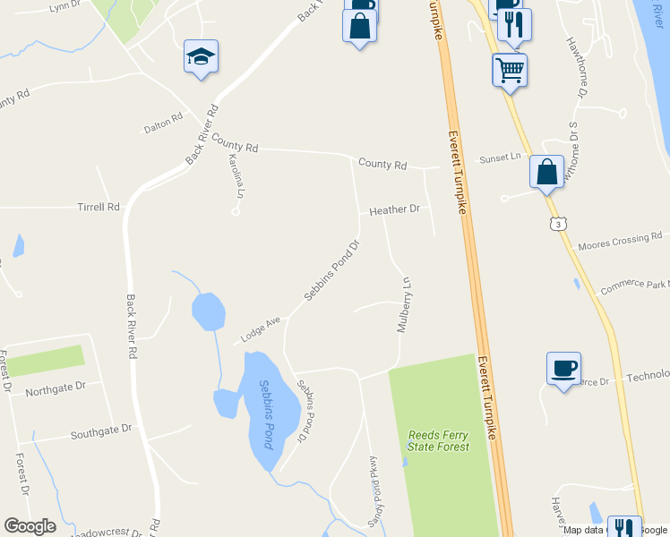 map of restaurants, bars, coffee shops, grocery stores, and more near 30 Sebbins Pond Drive in Bedford
