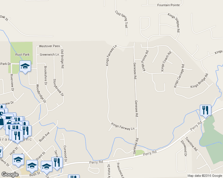 map of restaurants, bars, coffee shops, grocery stores, and more near 16860 Kings Fairway Lane in Grand Blanc