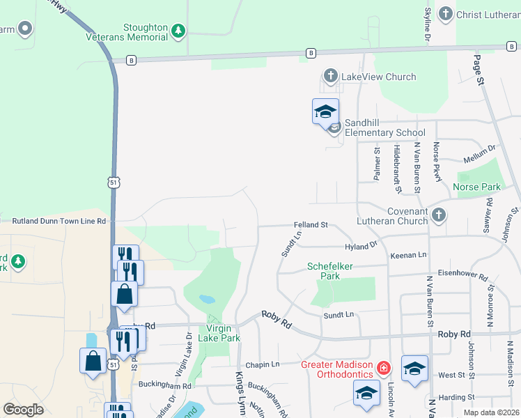 map of restaurants, bars, coffee shops, grocery stores, and more near 1608 Felland Street in Stoughton