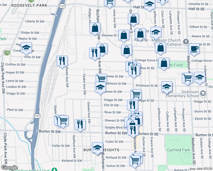 map of restaurants, bars, coffee shops, grocery stores, and more near 136 Dickinson Street Southwest in Grand Rapids