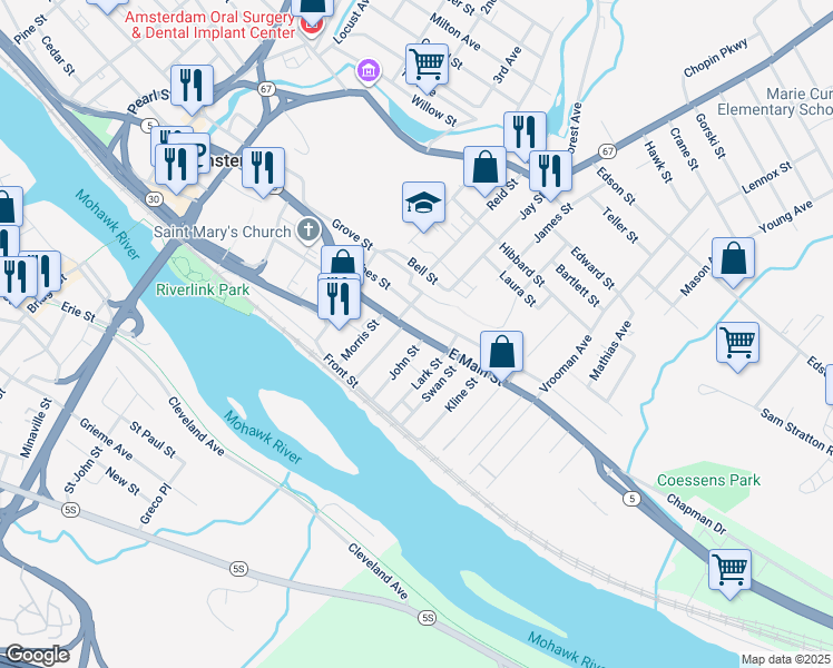 map of restaurants, bars, coffee shops, grocery stores, and more near 2 East Main Street in Amsterdam