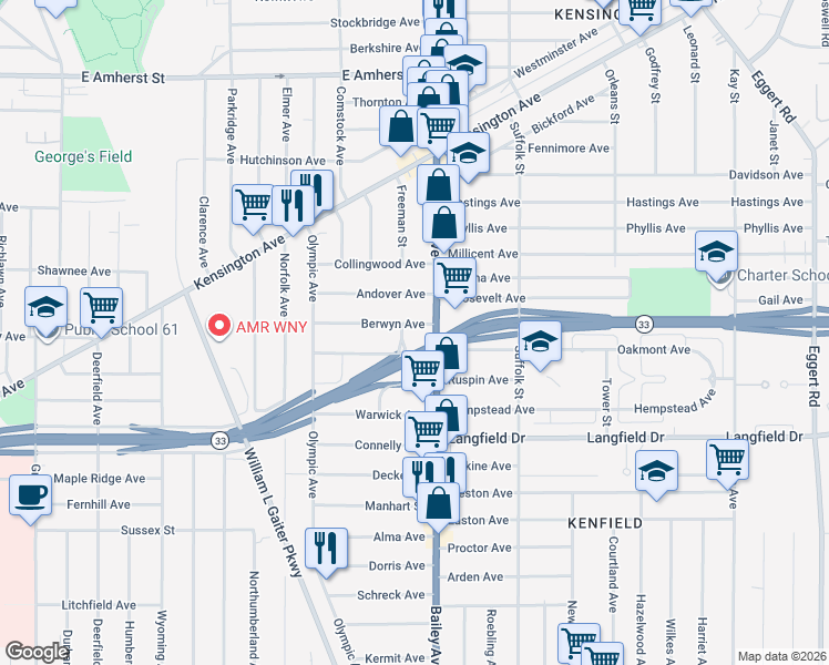 map of restaurants, bars, coffee shops, grocery stores, and more near 101 Berwyn Avenue in Buffalo