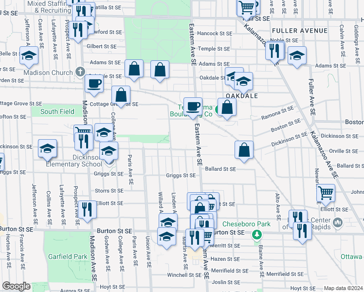 map of restaurants, bars, coffee shops, grocery stores, and more near 723 Dickinson Street Southeast in Grand Rapids