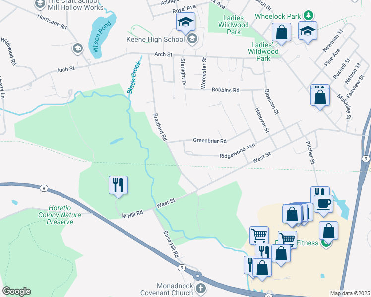 map of restaurants, bars, coffee shops, grocery stores, and more near 111 Ridgewood Avenue in Keene
