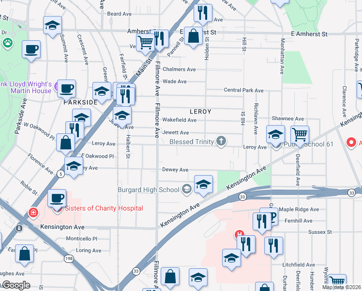 map of restaurants, bars, coffee shops, grocery stores, and more near 229 Leroy Avenue in Buffalo