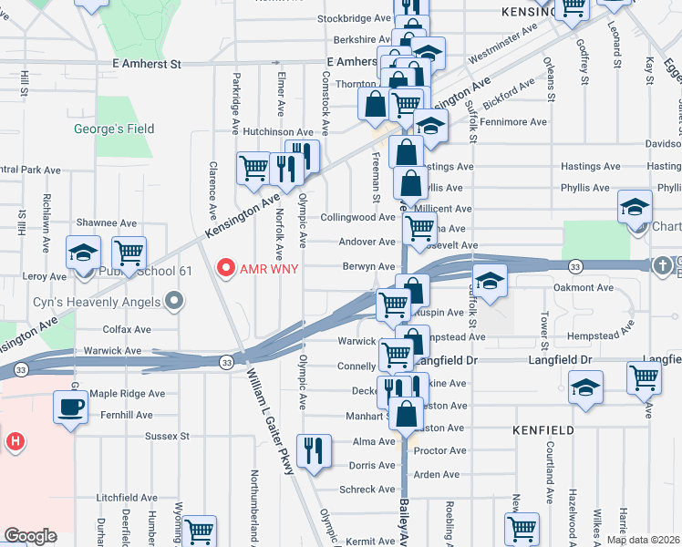 map of restaurants, bars, coffee shops, grocery stores, and more near 63 Berwyn Avenue in Buffalo