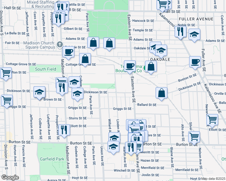 map of restaurants, bars, coffee shops, grocery stores, and more near 649 Dickinson Street Southeast in Grand Rapids