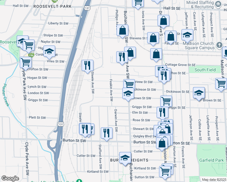 map of restaurants, bars, coffee shops, grocery stores, and more near 252 Dickinson St SW in Grand Rapids
