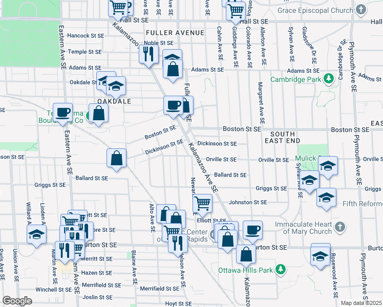 map of restaurants, bars, coffee shops, grocery stores, and more near 1667 Kalamazoo Ave SE in Grand Rapids