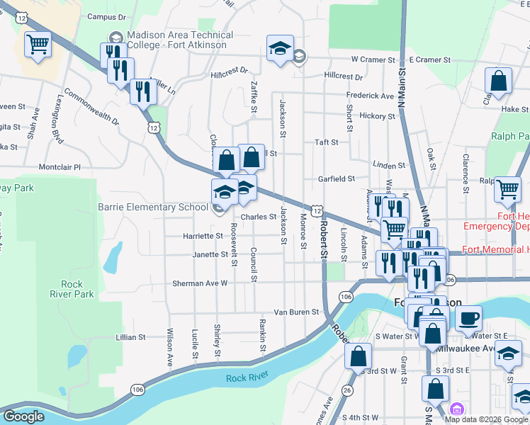 map of restaurants, bars, coffee shops, grocery stores, and more near 708 Charles Street in Fort Atkinson