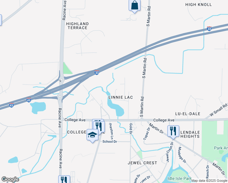 map of restaurants, bars, coffee shops, grocery stores, and more near 6137 South Linnie Lac Court in New Berlin