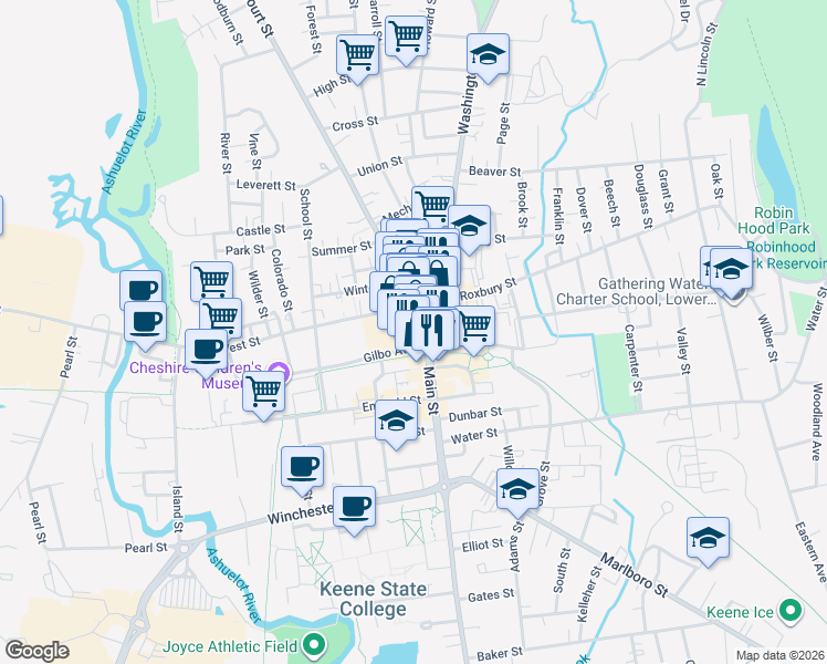 map of restaurants, bars, coffee shops, grocery stores, and more near 47 Main Street in Keene