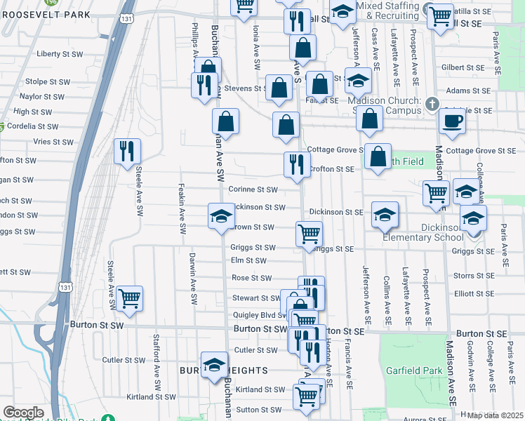 map of restaurants, bars, coffee shops, grocery stores, and more near 60 Dickinson Street Southwest in Grand Rapids