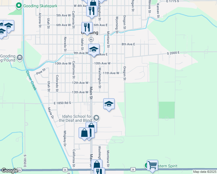 map of restaurants, bars, coffee shops, grocery stores, and more near 1212 Washington Street in Gooding