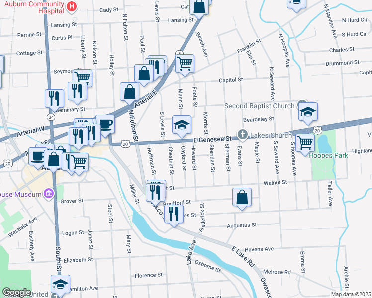 map of restaurants, bars, coffee shops, grocery stores, and more near 2 Howard Street in Auburn
