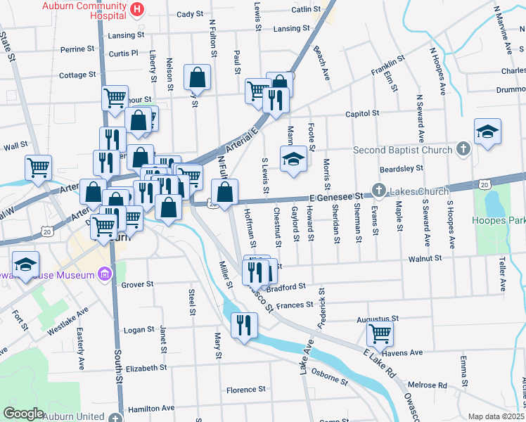 map of restaurants, bars, coffee shops, grocery stores, and more near 72 East Genesee Street in Auburn