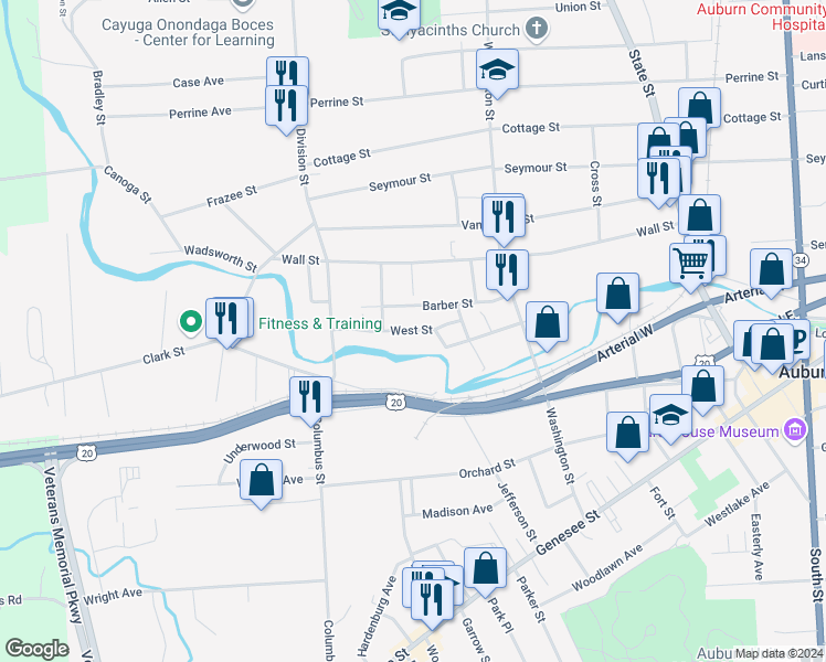 map of restaurants, bars, coffee shops, grocery stores, and more near 49 West Street in Auburn