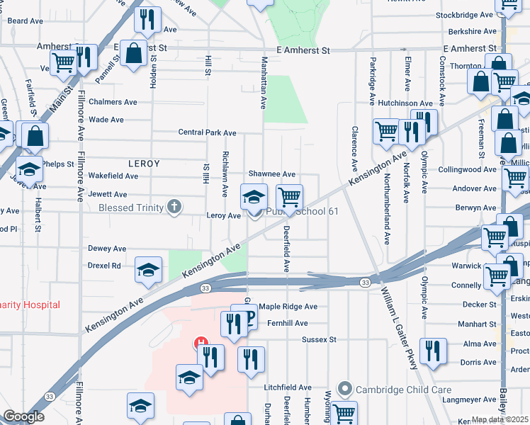 map of restaurants, bars, coffee shops, grocery stores, and more near 476 Leroy Avenue in Buffalo