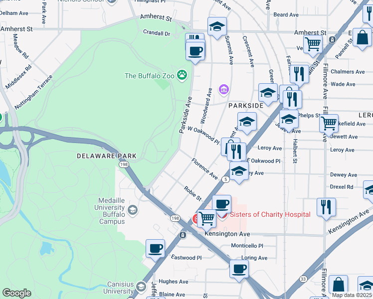 map of restaurants, bars, coffee shops, grocery stores, and more near 150 Woodward Avenue in Buffalo